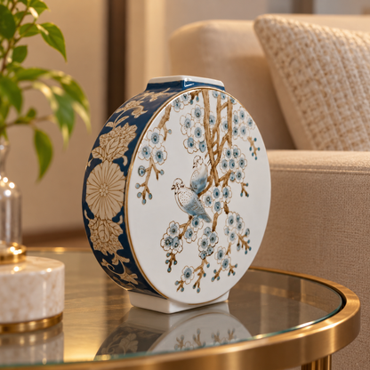 Bluebird & Blossom Tree Ceramic Moon Flask Vase