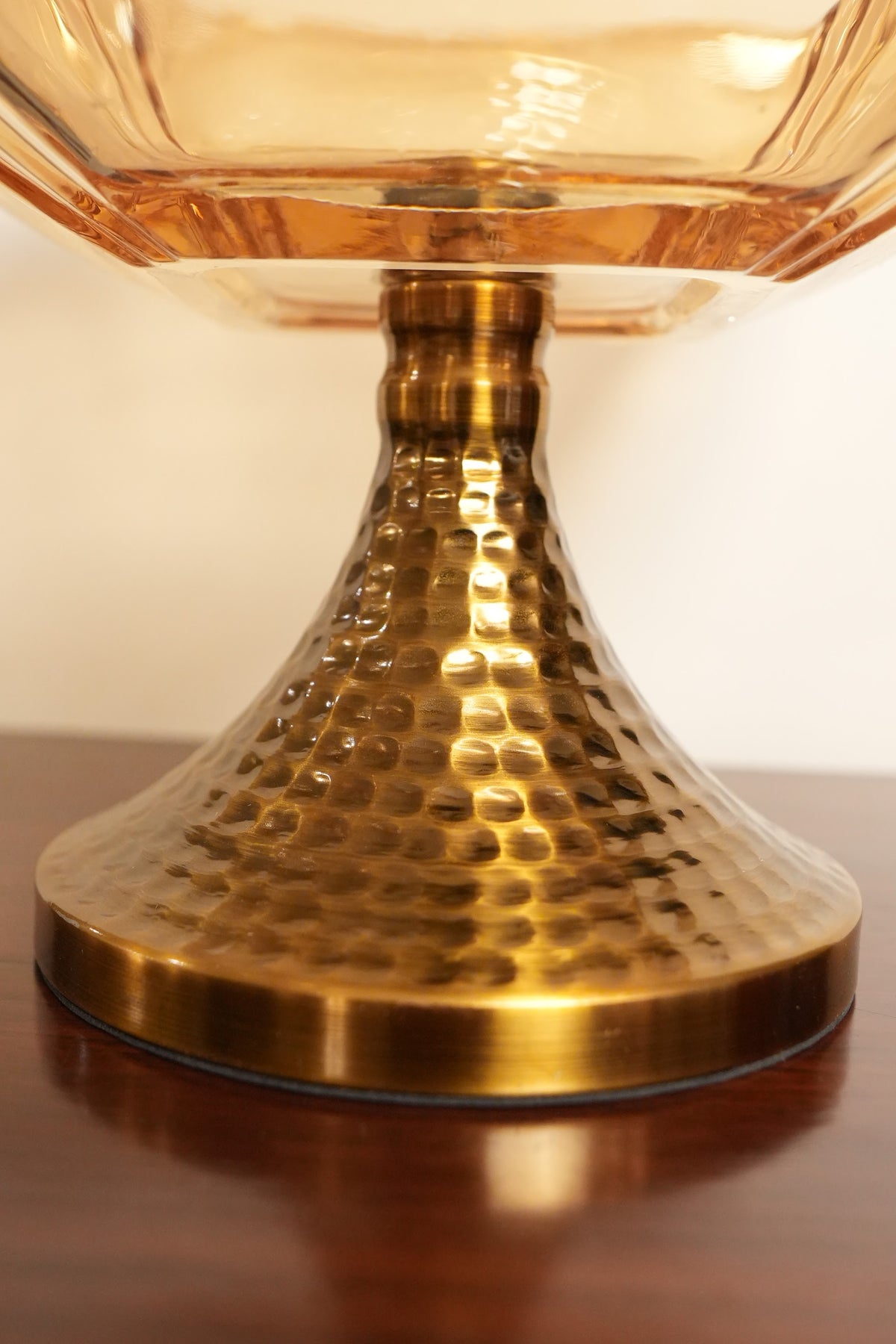 Amber Glass Square Pedestal Bowl with Hammered Gold Stand