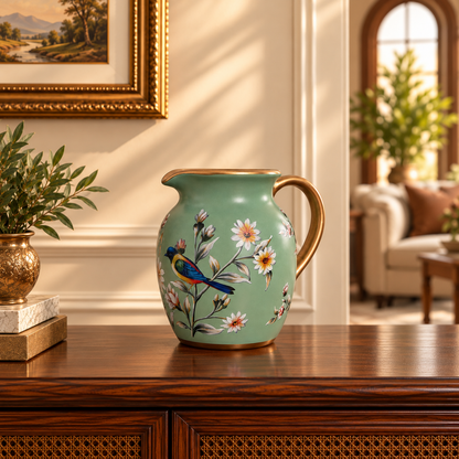 Sage Green Bird & Blossom Ceramic Jug