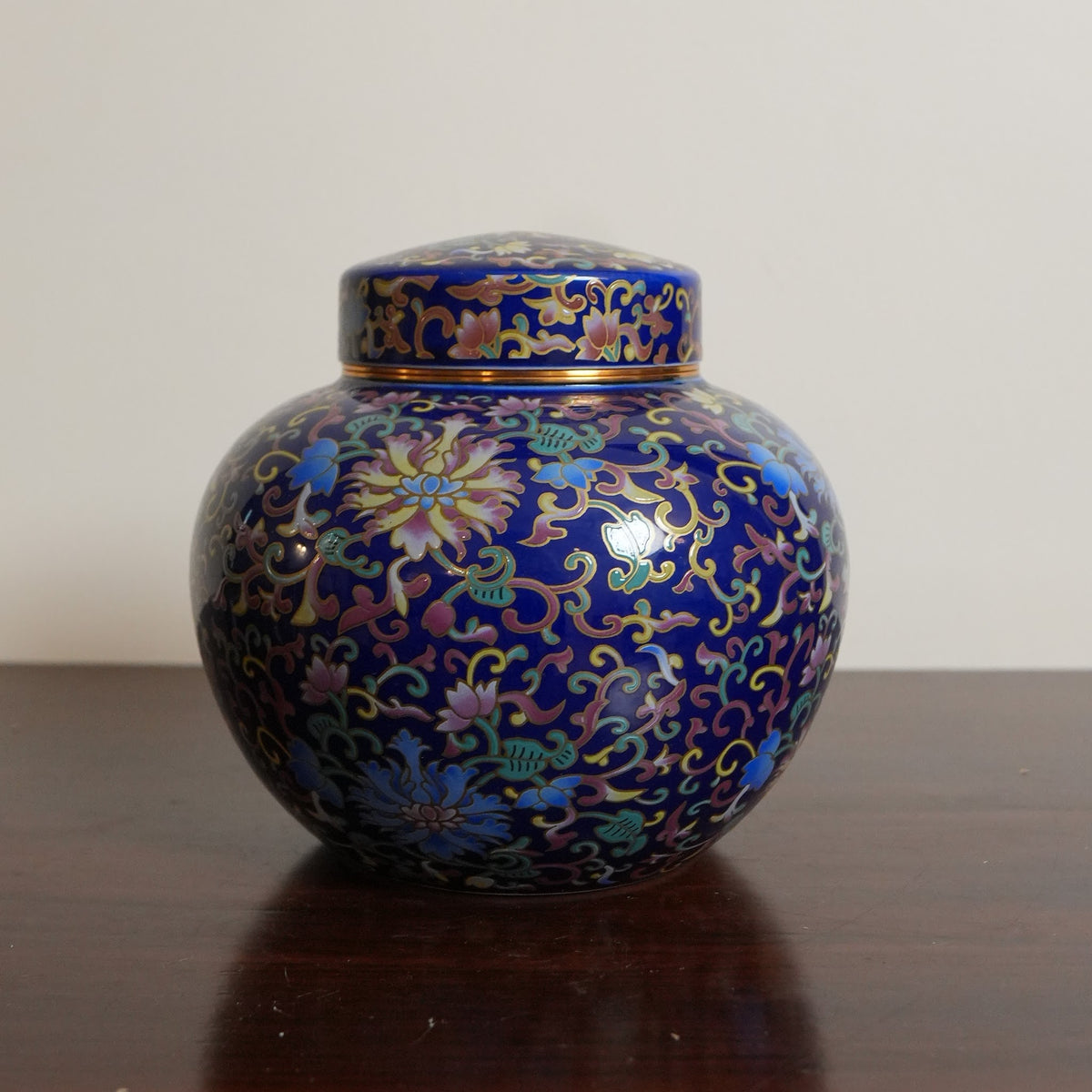 Cobalt Blue Enamel Floral Ceramic Round Lidded Jar