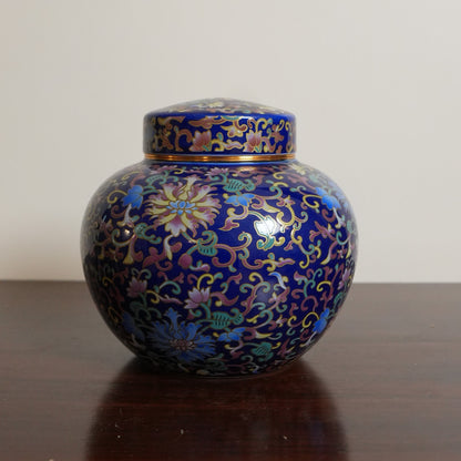 Cobalt Blue Enamel Floral Ceramic Round Lidded Jar