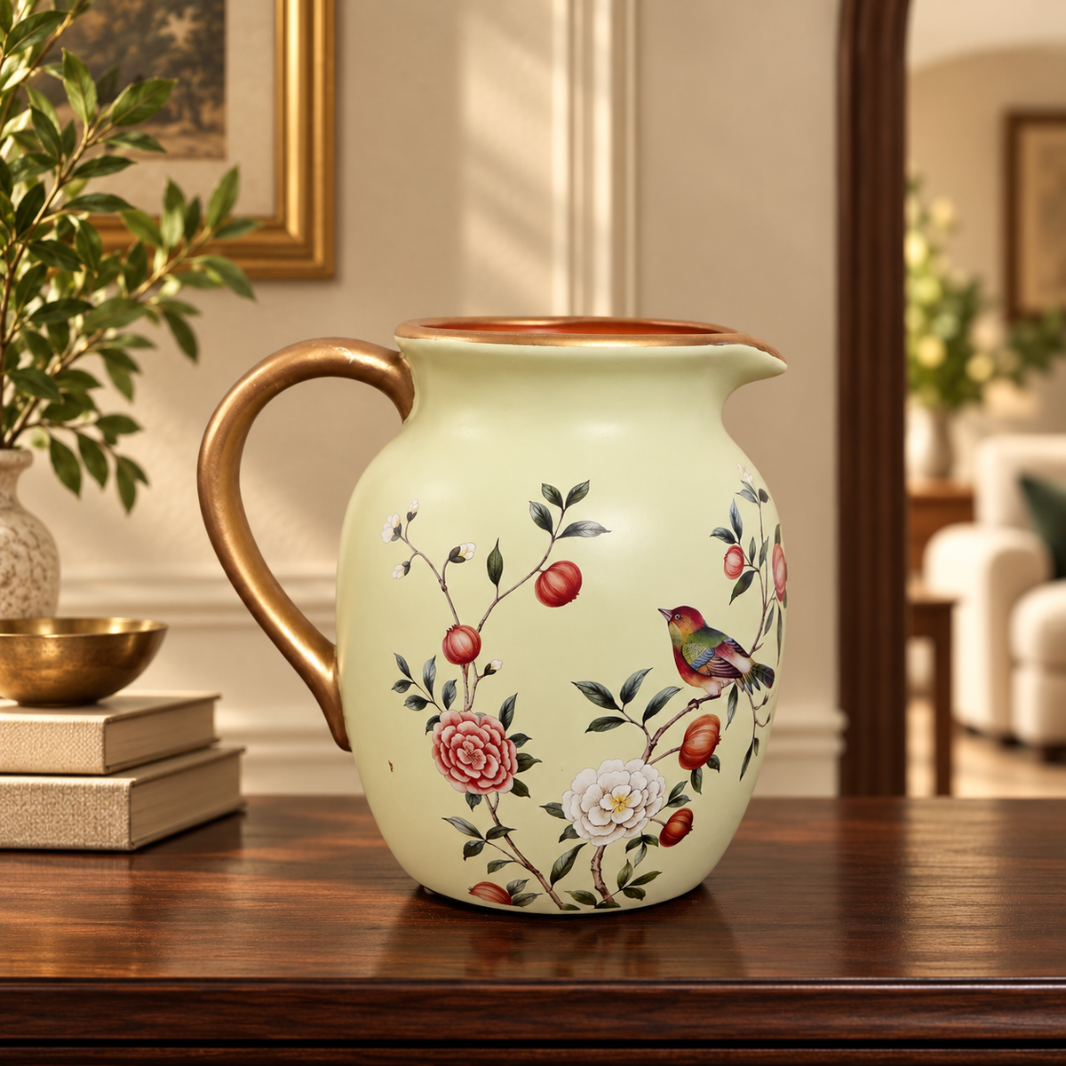 Cream Pomegranate & Bird Ceramic Jug