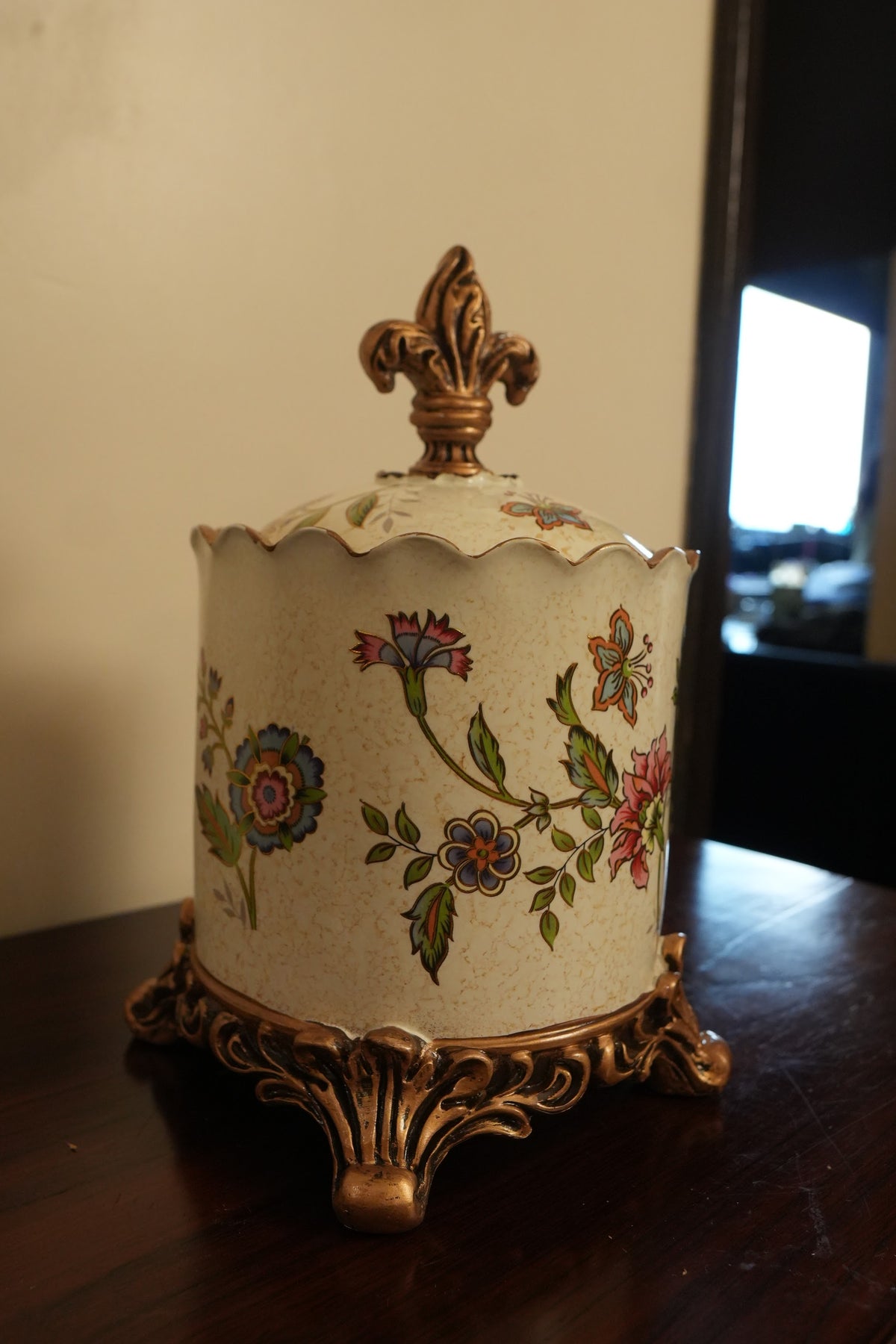 Ivory Floral Ceramic Lidded Canister with Gold Feet