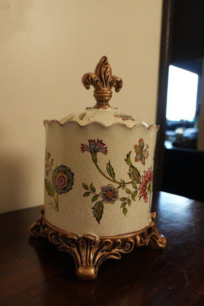 Ivory Floral Ceramic Lidded Canister with Gold Feet
