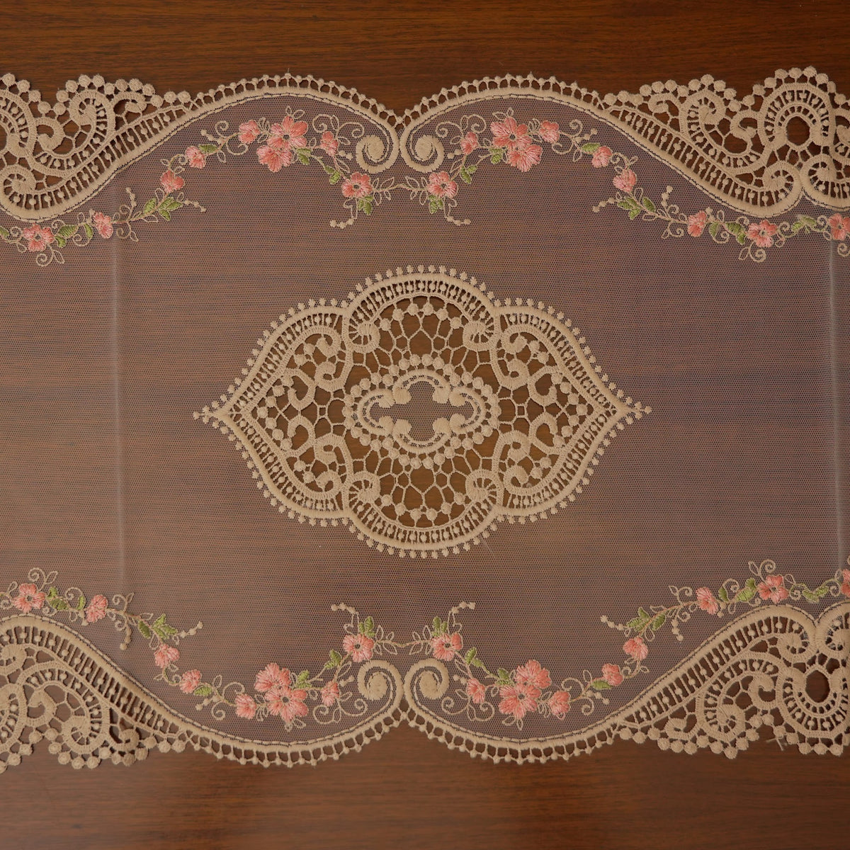 Gold Lace & Pink Floral Vine Sheer Table Runner (Long)