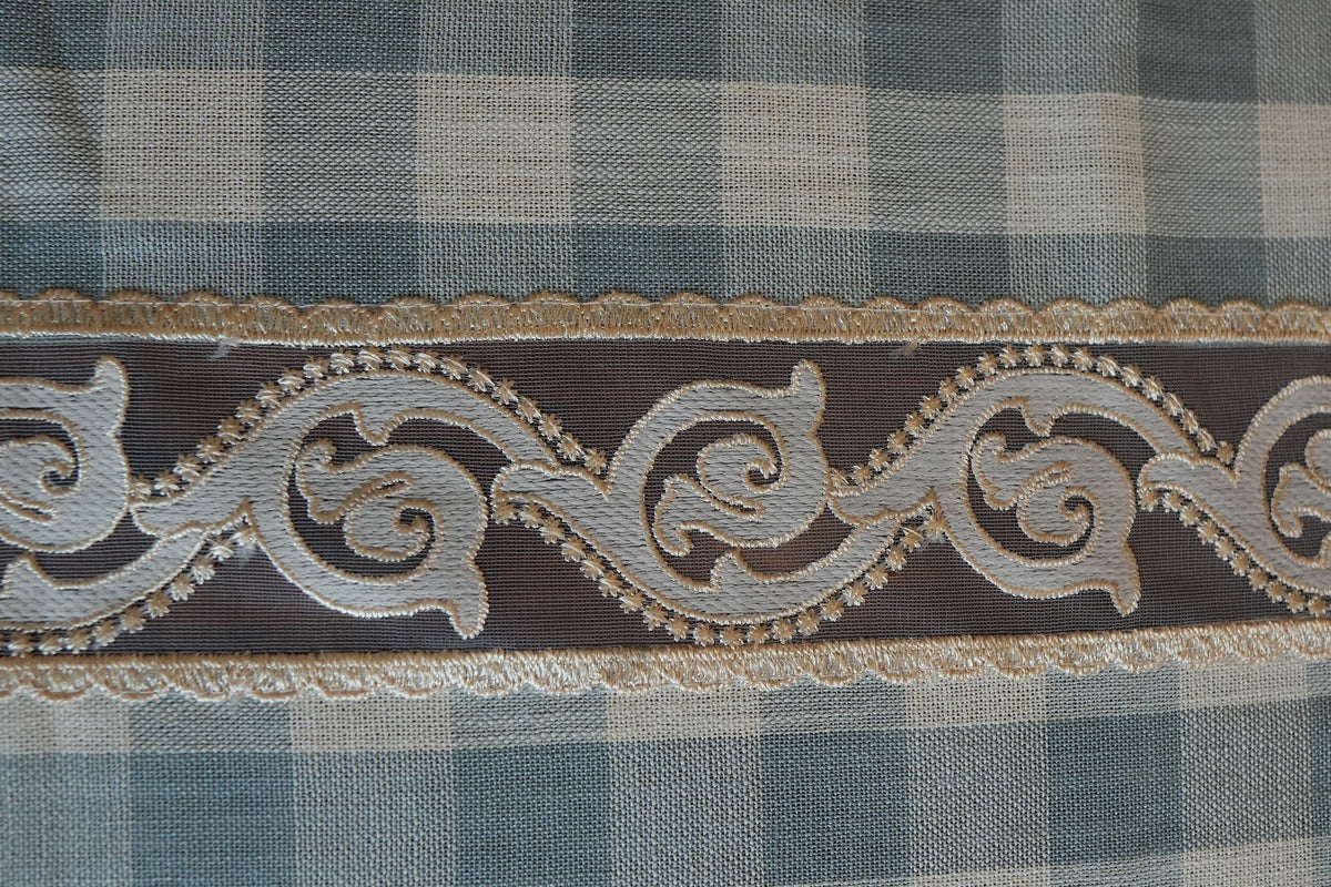 Blue Gingham Check Table Sheet with Scroll Lace Panel (6 Seater)