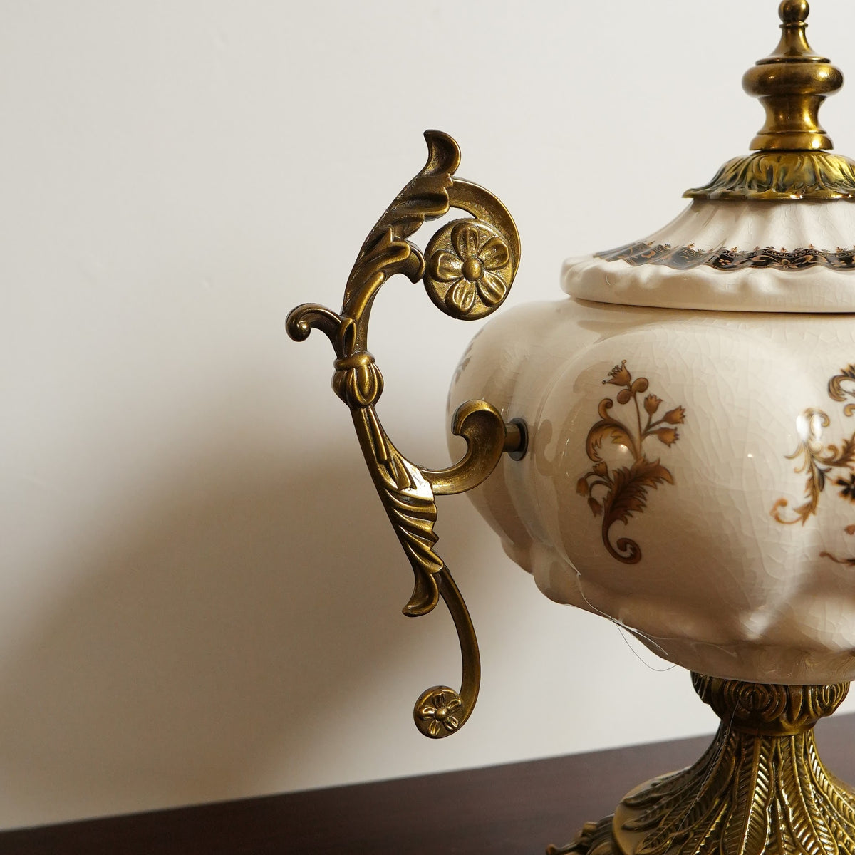 Ivory Baroque Ceramic Lidded Urn with Gold Scroll Handles & Pedestal