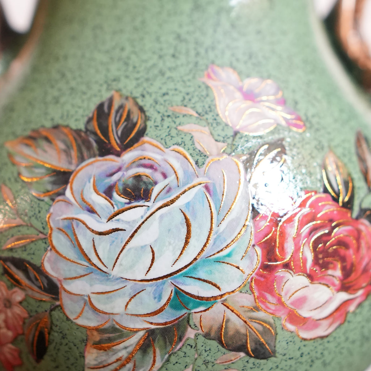 Sage Green Rose Ceramic Vase with Ornate Gold Rim, Handles & Pedestal