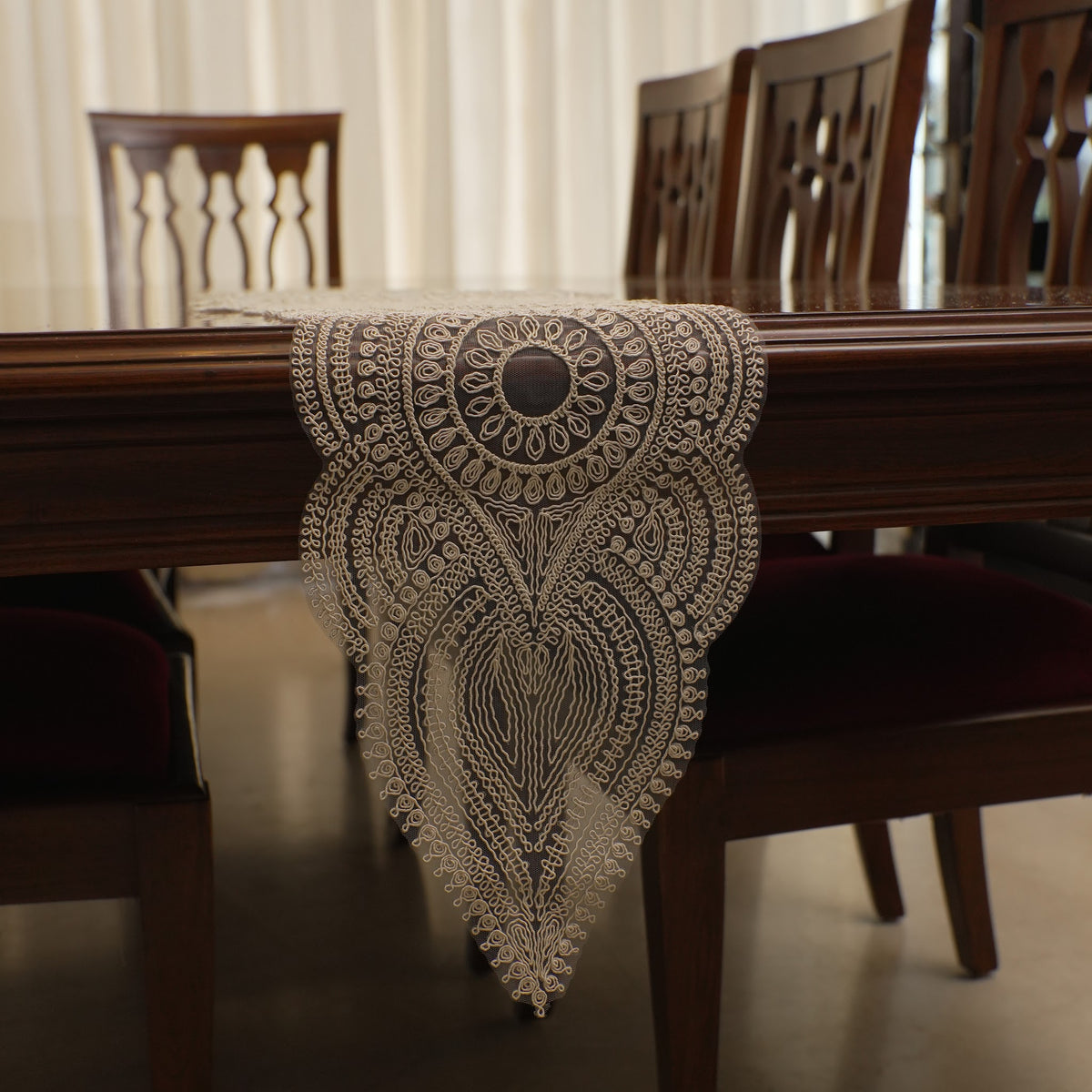 Cream Paisley Lace Table Runner with Ivory Satin Centre (Long)