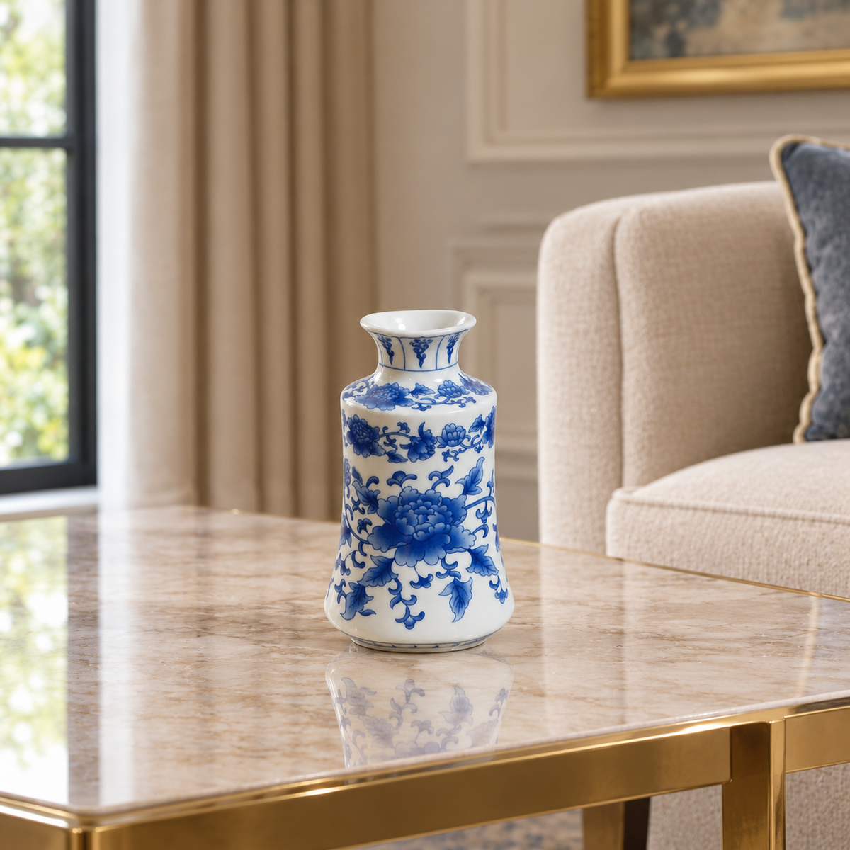 Blue Peony Ceramic Bottle Vase