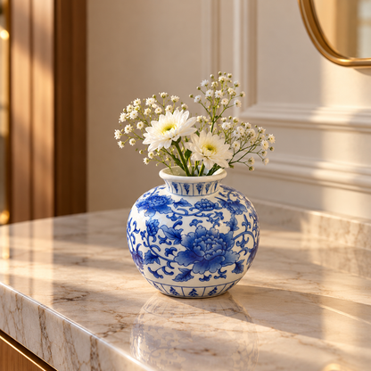 Blue Peony Ceramic Round Vase