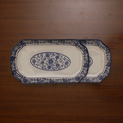 Blue Floral Ceramic Serveware - Rectangular Serving Platter (Medium) | Set of 2