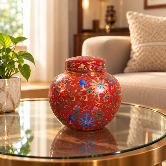 Coral Red Enamel Floral Ceramic Round Lidded Jar
