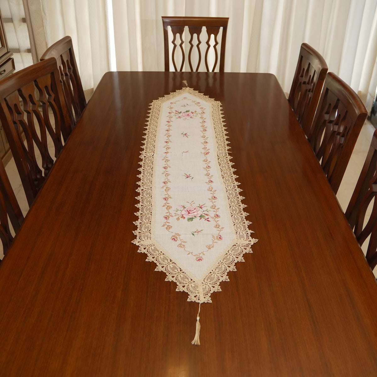 Pink Rose Embroidered Linen Lace Border Table Runner (Long)