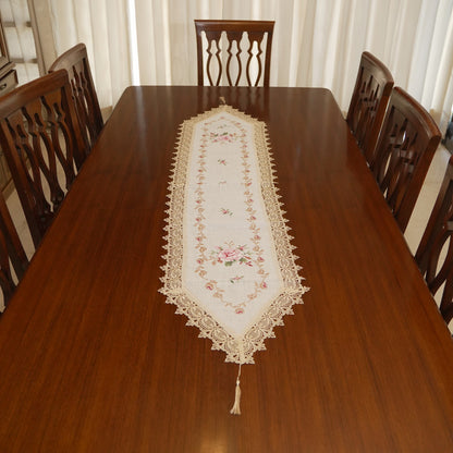 Pink Rose Embroidered Linen Lace Border Table Runner (Long)
