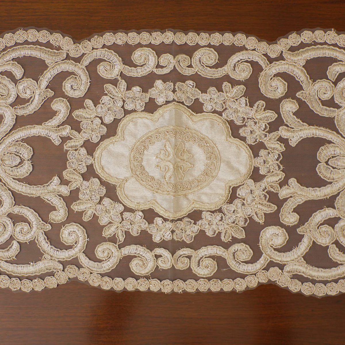 Ivory Satin Scroll Lace Table Runner (Long)