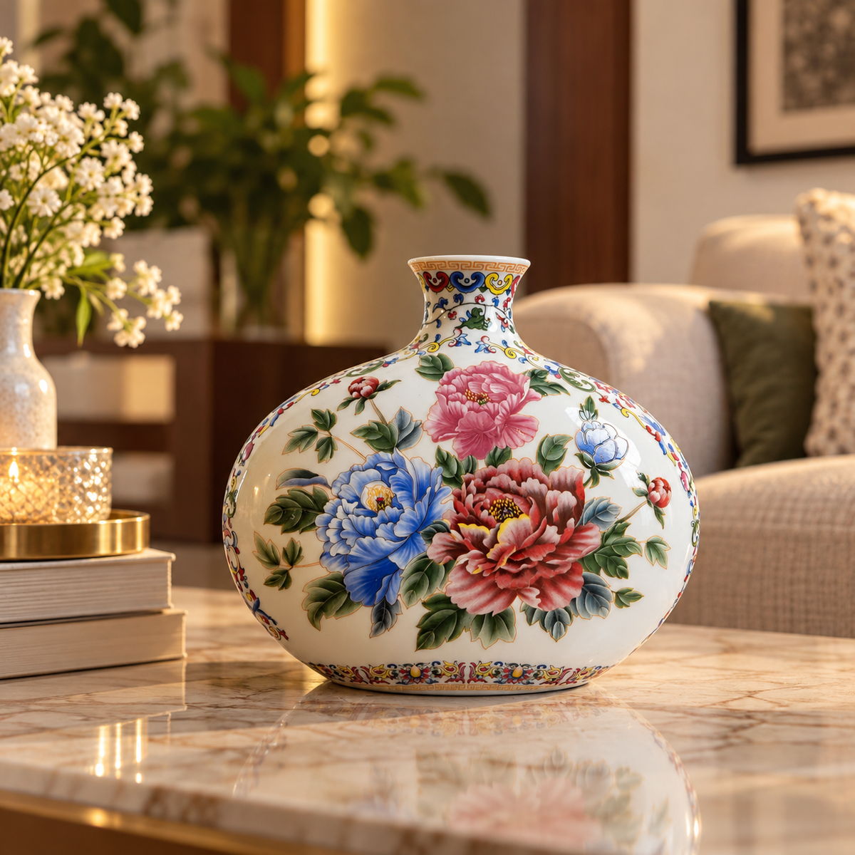 Peony Bouquet Ceramic Round Vase