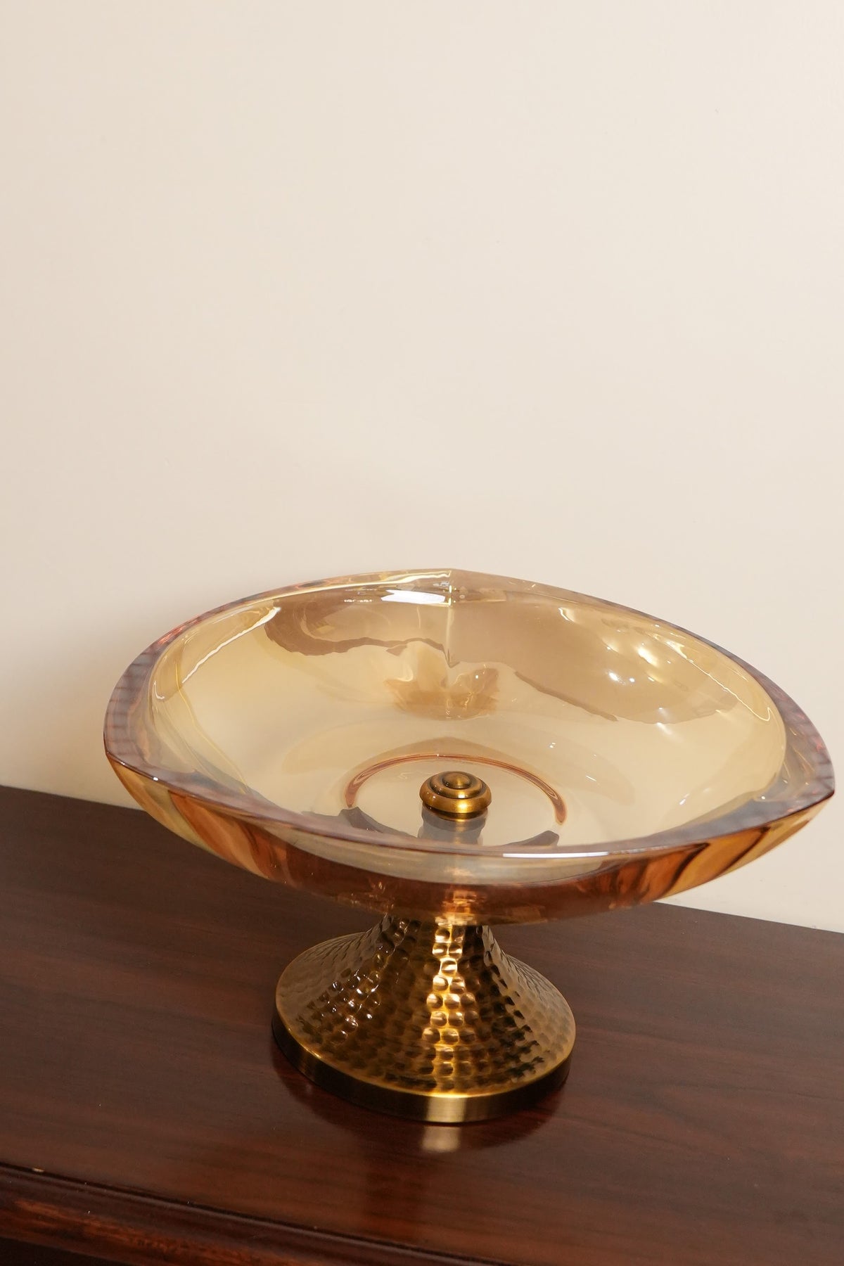 Amber Glass Round Pedestal Bowl with Hammered Gold Stand