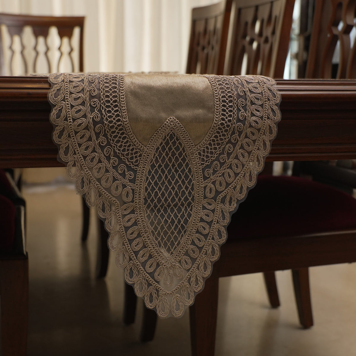 Taupe Satin Heart Lattice Lace Table Runner (Long)