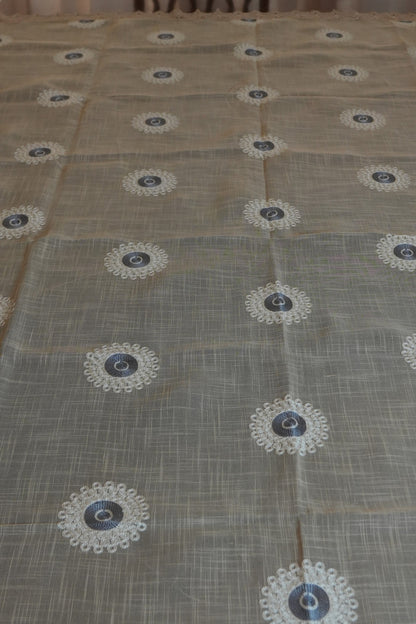 Beige Linen Table Sheet with Blue Medallion Embroidery & Lace Border (6 Seater)
