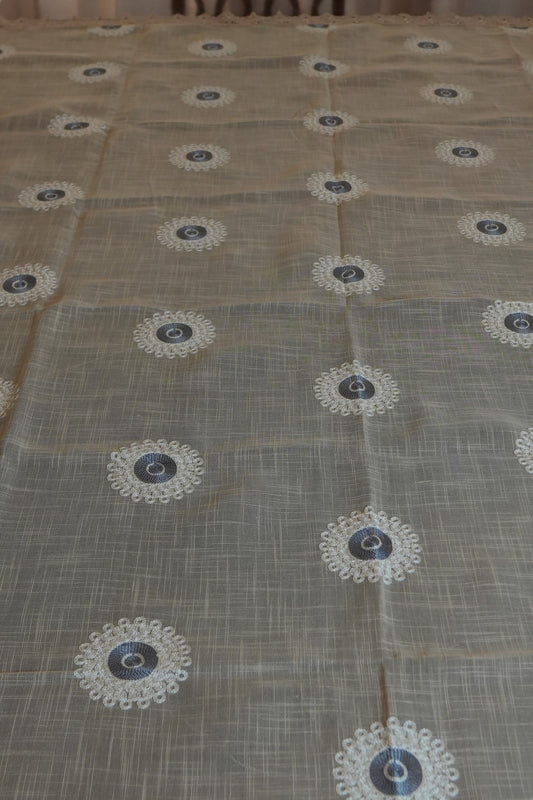 Beige Linen Table Sheet with Blue Medallion Embroidery & Lace Border (6 Seater)