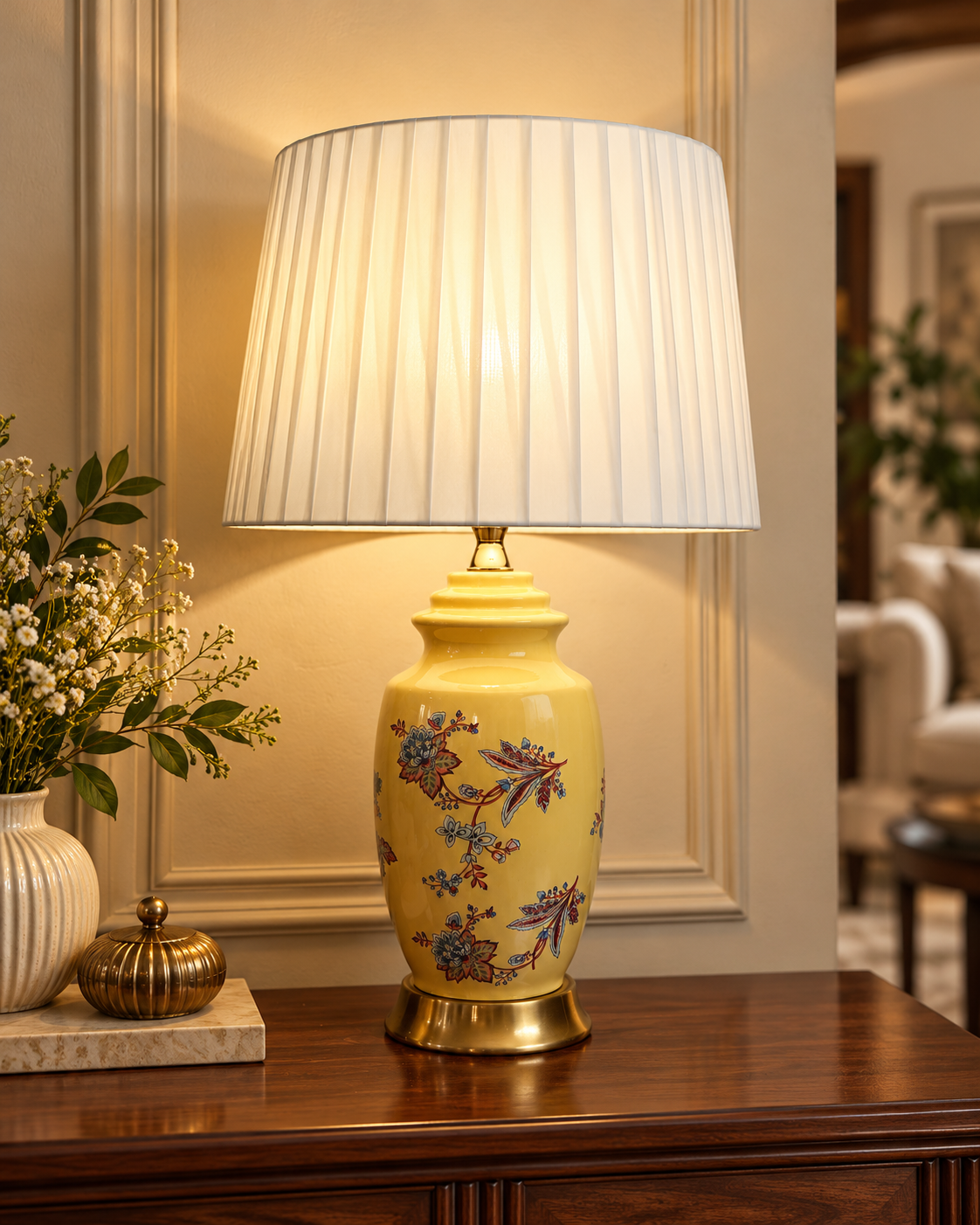 Yellow Paisley Floral Ceramic Table Lamp