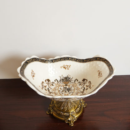 Ivory Baroque Ceramic Centerpiece Bowl with Gold Pedestal