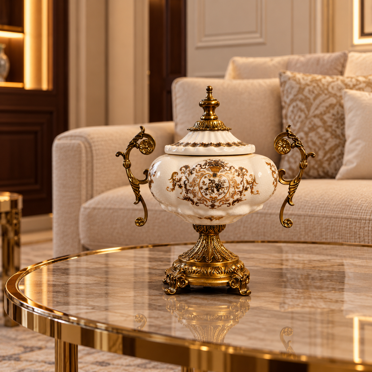Ivory Baroque Ceramic Lidded Urn with Gold Scroll Handles & Pedestal