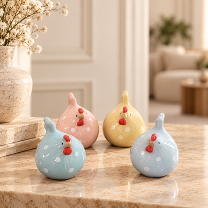 Pastel Polka Dot Hen Ceramic Figurine (Set of 4)