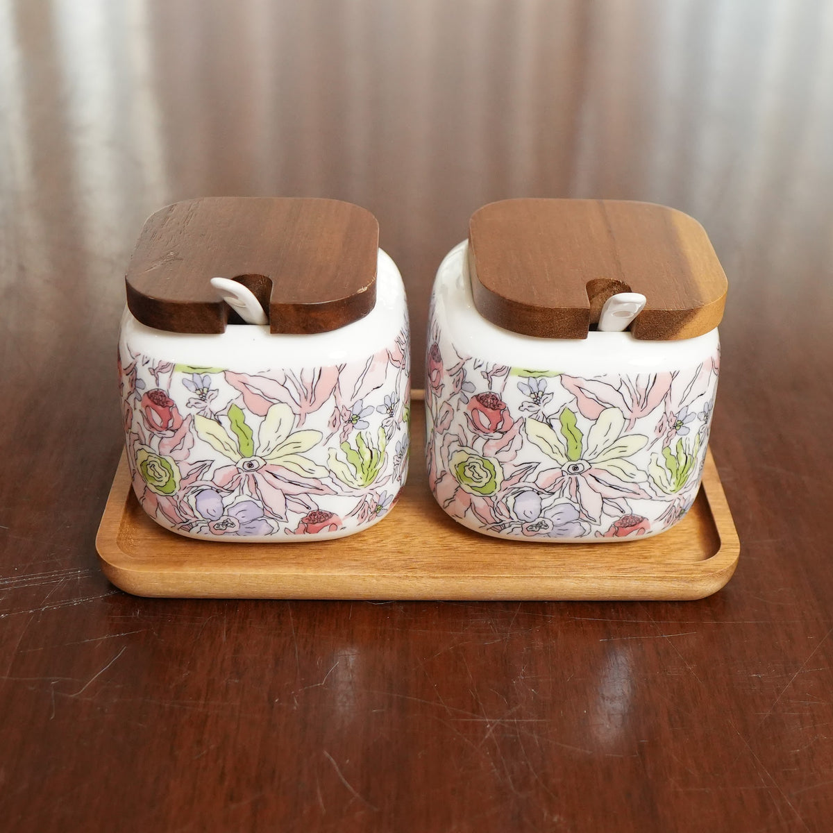 Pastel Blossom Ceramic Pickle Jar Set with Wooden Lids, Spoons & Tray (Set of 2)