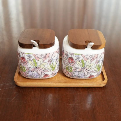 Pastel Blossom Ceramic Pickle Jar Set with Wooden Lids, Spoons & Tray (Set of 2)