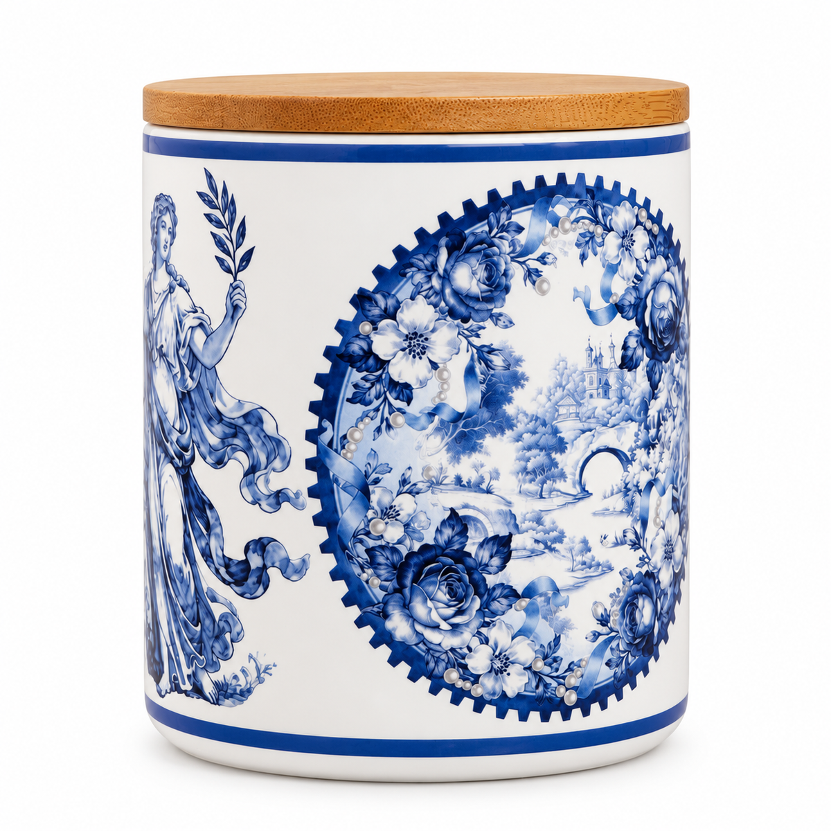 Blue Toile Ceramic Canister with Bamboo Lid
