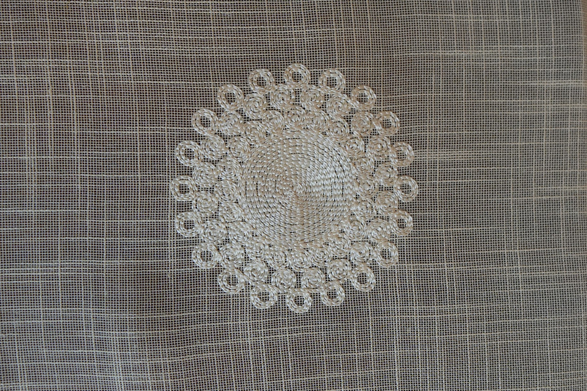 Grey Linen Table Sheet with Cream Medallion Embroidery & Lace Border (6 Seater)