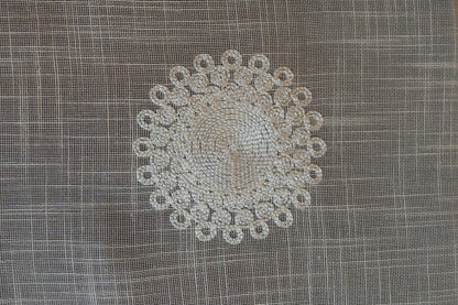 Grey Linen Table Sheet with Cream Medallion Embroidery & Lace Border (6 Seater)