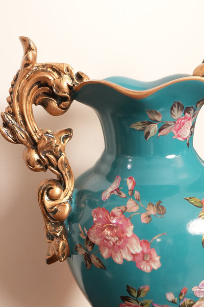 Teal Rose Bouquet Ceramic Vase with Gold Scroll Handles & Pedestal