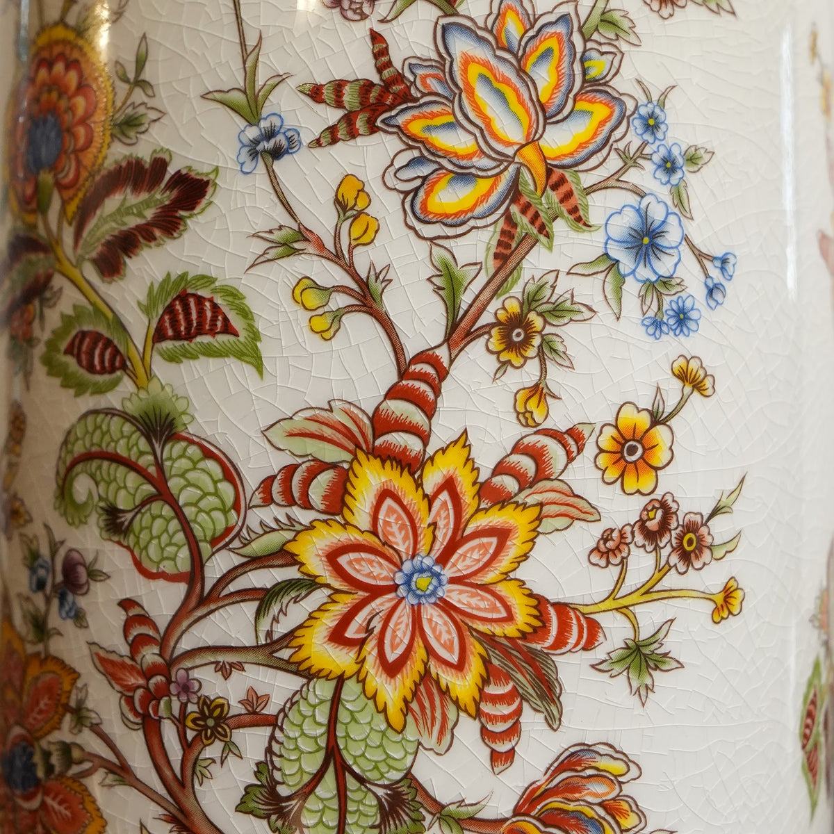 Ivory Jacobean Floral Ceramic Canister with Brass Finial Lid