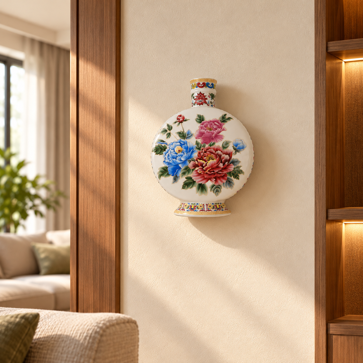 Peony Bouquet Ceramic Moon Flask Vase