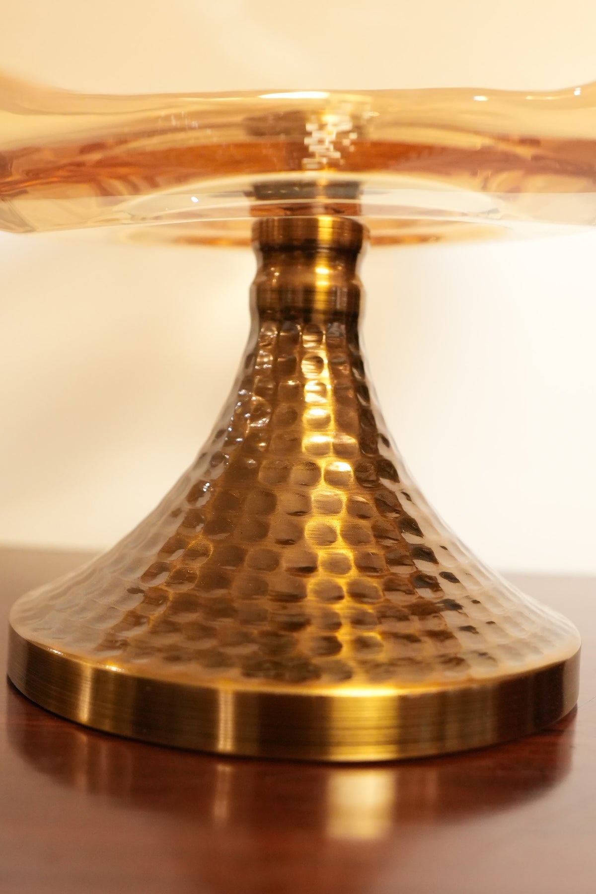 Amber Glass Round Pedestal Bowl with Hammered Gold Stand