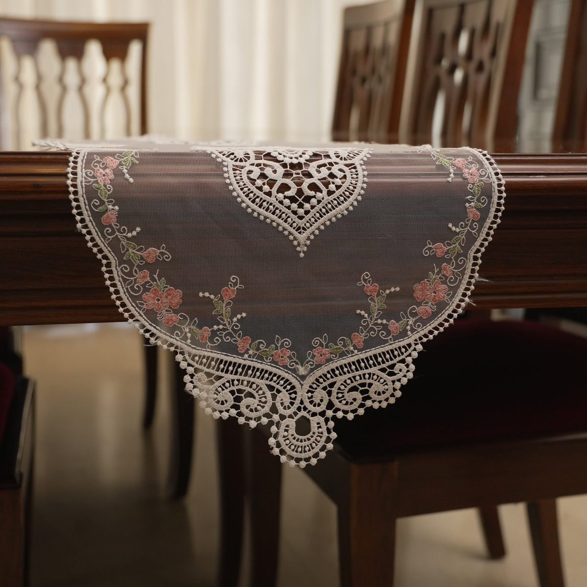 White Lace & Pink Floral Vine Sheer Table Runner (Small)