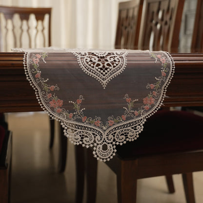 White Lace & Pink Floral Vine Sheer Table Runner (Small)