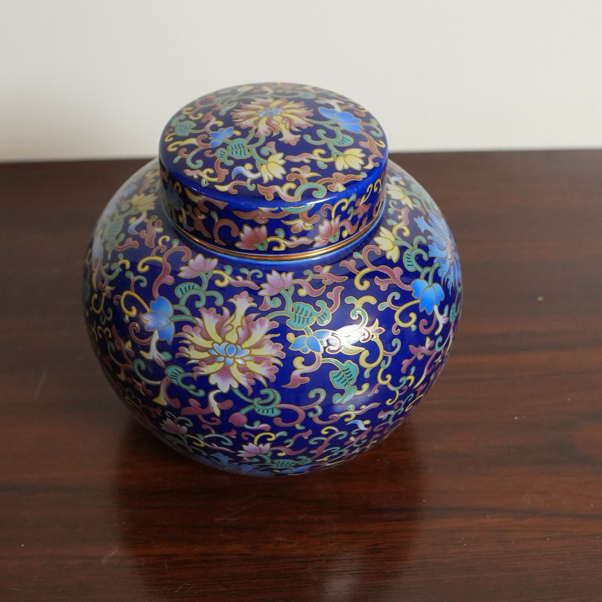 Cobalt Blue Enamel Floral Ceramic Round Lidded Jar