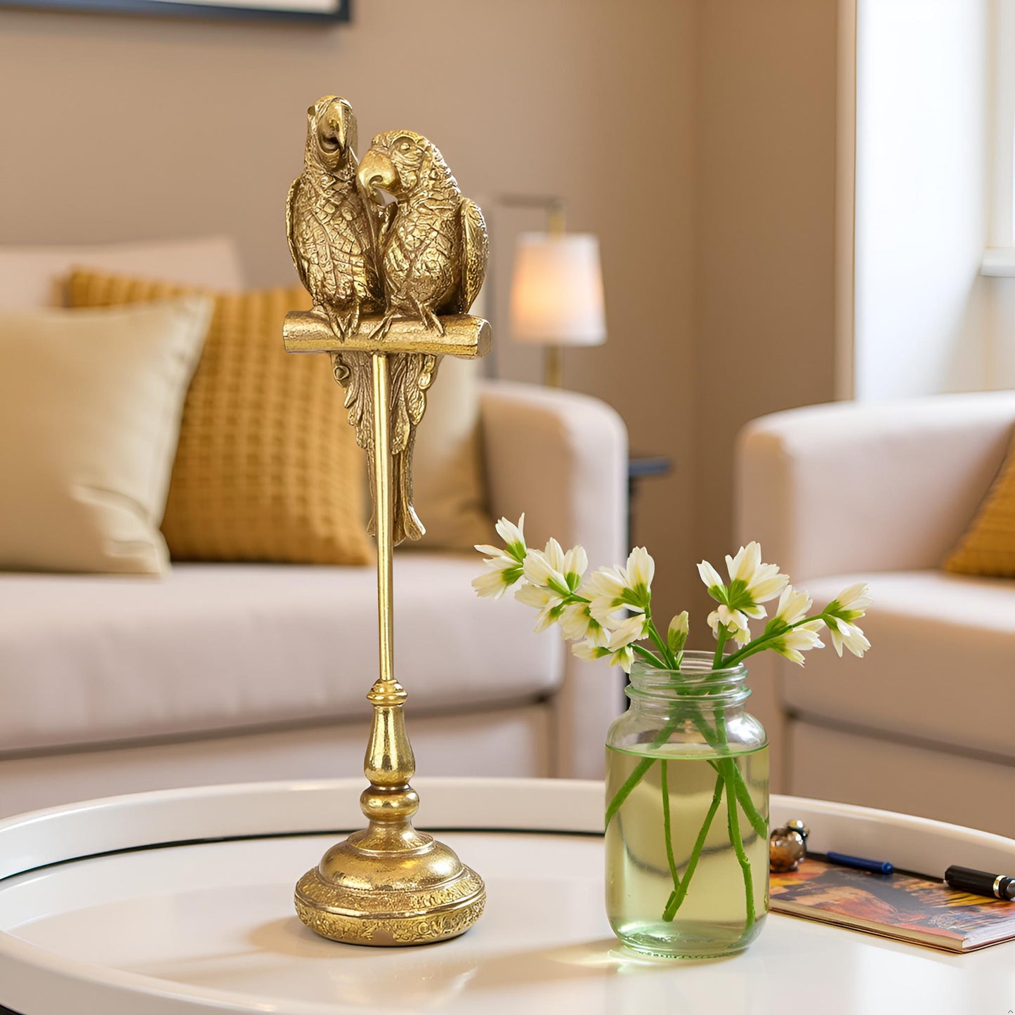 Golden Parrot Figurine – Decorative Bird Statue on Stand