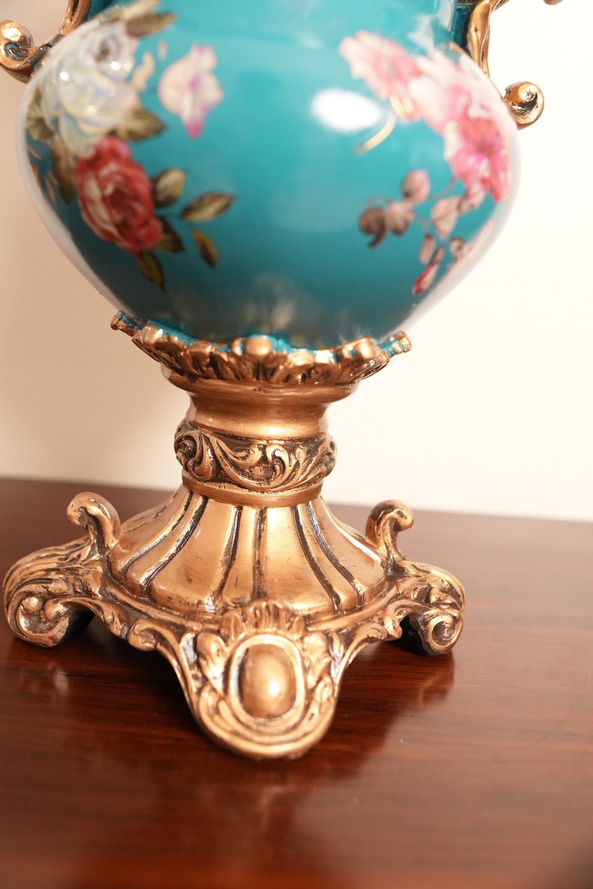 Teal Peony Ceramic Trumpet Vase with Gold Handles & Pedestal