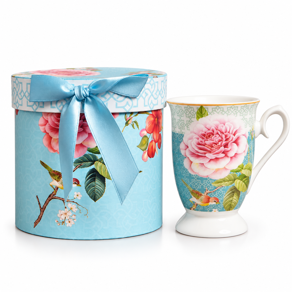 Aqua Rose Ceramic Mug with Round Gift Box