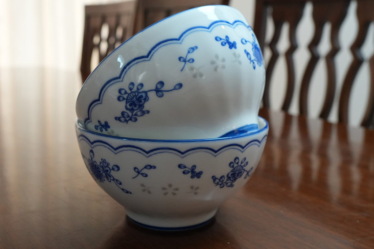 Blue Sprig Scalloped Ceramic Serving Bowl Set of 2