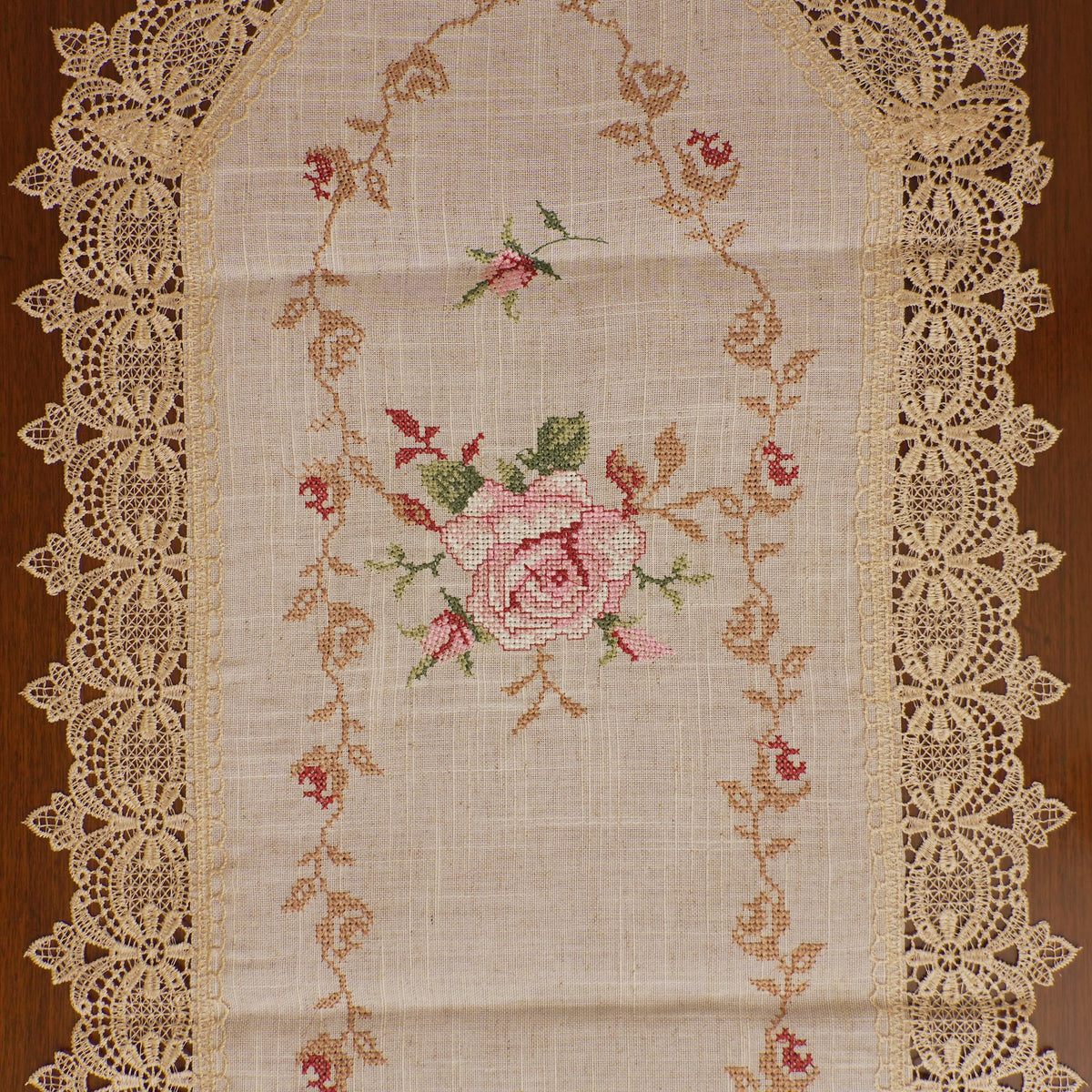Pink Rose Embroidered Linen Lace Border Table Runner (Long)