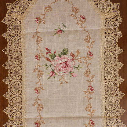 Pink Rose Embroidered Linen Lace Border Table Runner (Long)