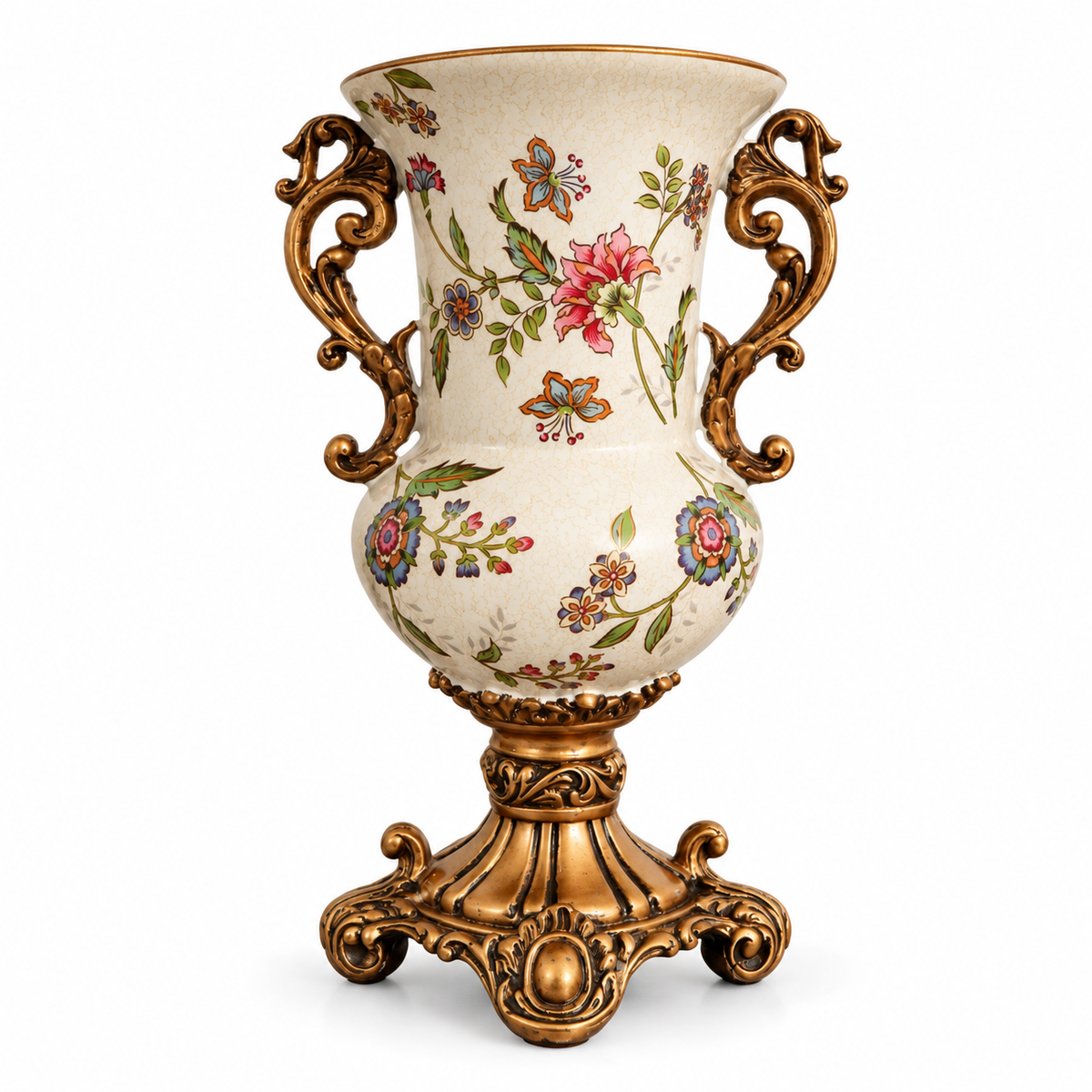 Ivory Floral Ceramic Urn Vase with Gold Scroll Handles & Pedestal