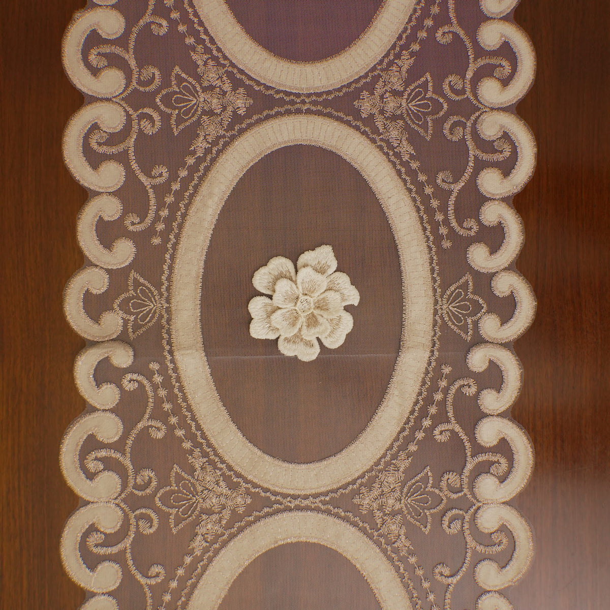 Champagne 3D Flower Oval Sheer Table Runner (Long)