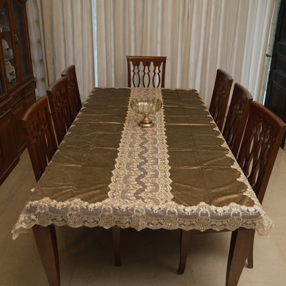 Olive gold table sheet styled with a centrepiece